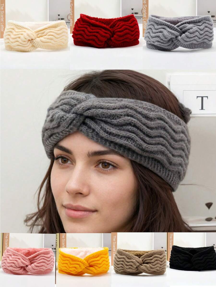 1PC New Fashion Thermal Lined Solid Color Warm Ear-Protective Wide Band Knitted Acrylic Headband Hair Accessory For Autumn/Winter Sports - As Shown - View 1