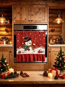 1pc Snowman & Snowflake Print Oven Curtain, With Ribbon Tie Top And Red Ruffle Edge, Short Kitchen Tier Curtain, Decorative Cover Cloth, Suitable For Stove, Oven, Open Cabinet And Small Window, Christmas Country Style Home Decor - Snowman and Snowflake - View 7