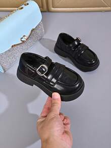 Girls' One-Strap Loafers, Simple Beige Thick Sole Non-Slip Versatile Casual Shoes - Black - View 1