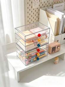 1pc Creative Colorful Contrast Ball Pull Handle Multi-Layer Transparent Stationery Storage Box, Large Capacity Layered Visible Drawer Design, Stationery Storage Essential For Journaling Enthusiasts, Student Desk Organizer Box, Office Small Item Dust-Proof Storage Box - Multicolor - View 4