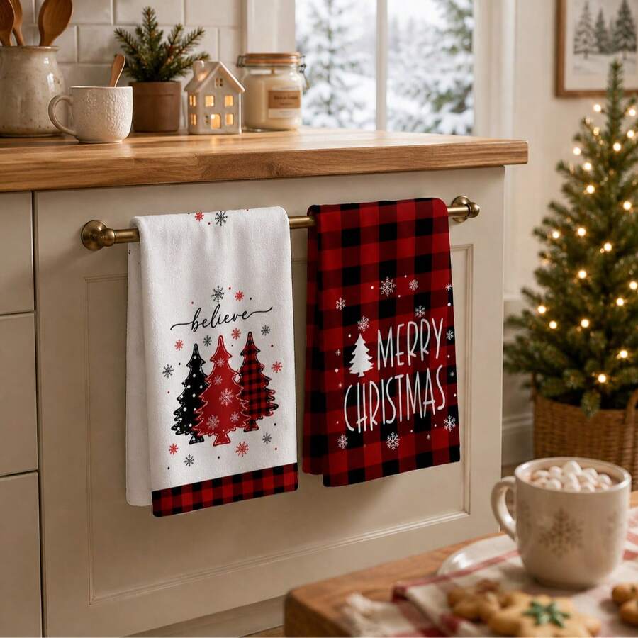 2/4/6 buah Serbet Dapur Bermotif Natal, Motif Kotak-kotak Merah & Hitam Gaya Pedesaan Klasik, Lembut & Mudah Dibersihkan, Motif Pohon Natal & Kepingan Salju, Dekorasi Rumah Natal, Hadiah Natal, Cocok untuk Dekorasi Dapur, Memanggang, Memasak, Pesta Natal, Meja Natal - MultiWarna - View 1