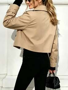 1pc Solid Color Woven Fabric Button Trench Coat Jacket, Casual, Date, Vacation, Autumn - Apricot - View 3