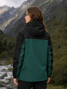 Women's Black & Dark Green Colorblock Hooded Jacket, Adjustable Drawstring Hood, Front Zipper Outdoor Hiking Sports Jacket - Dark Green - View 2