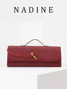 Women's Vintage Minimalist Faux Woven Texture Angora Red Retro Flap Lock Large Capacity Clutch Bag - Red - View 1