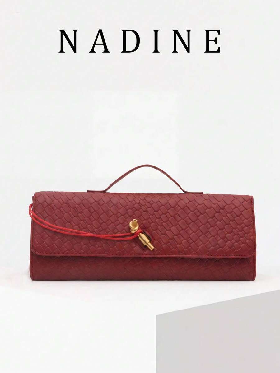 Women's Vintage Minimalist Faux Woven Texture Angora Red Retro Flap Lock Large Capacity Clutch Bag - Red - View 1