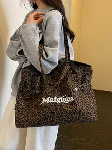 1pc Women Leopard Print Tote Bag Embroidered Letter Decor Multi‑Pocket Wide Strap Large Capacity Casual Shoulder Handbag - Multicolor - View 6