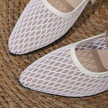 Women's Breathable Mesh Metal Buckle Decor Solid Color Pointed Toe Strap Flat Mary Jane Shoes French Gentle Style Daily Commute Summer White Mesh Low Vamp Shoes - White - View 6