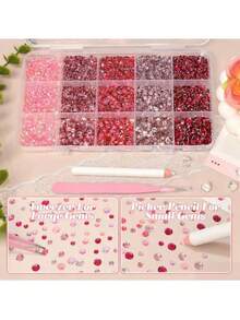 6500pcs Pink Resin Rhinestones 15-Grid For Crafts, Flat Back Resin Rhinestones For Dazzling Gemstone Flat Back Jewelry Suitable For DIY Mugs, Glass Cups, Bottles, Clothing, Shoes, Art - 5 Colors 15 Grids - View 6