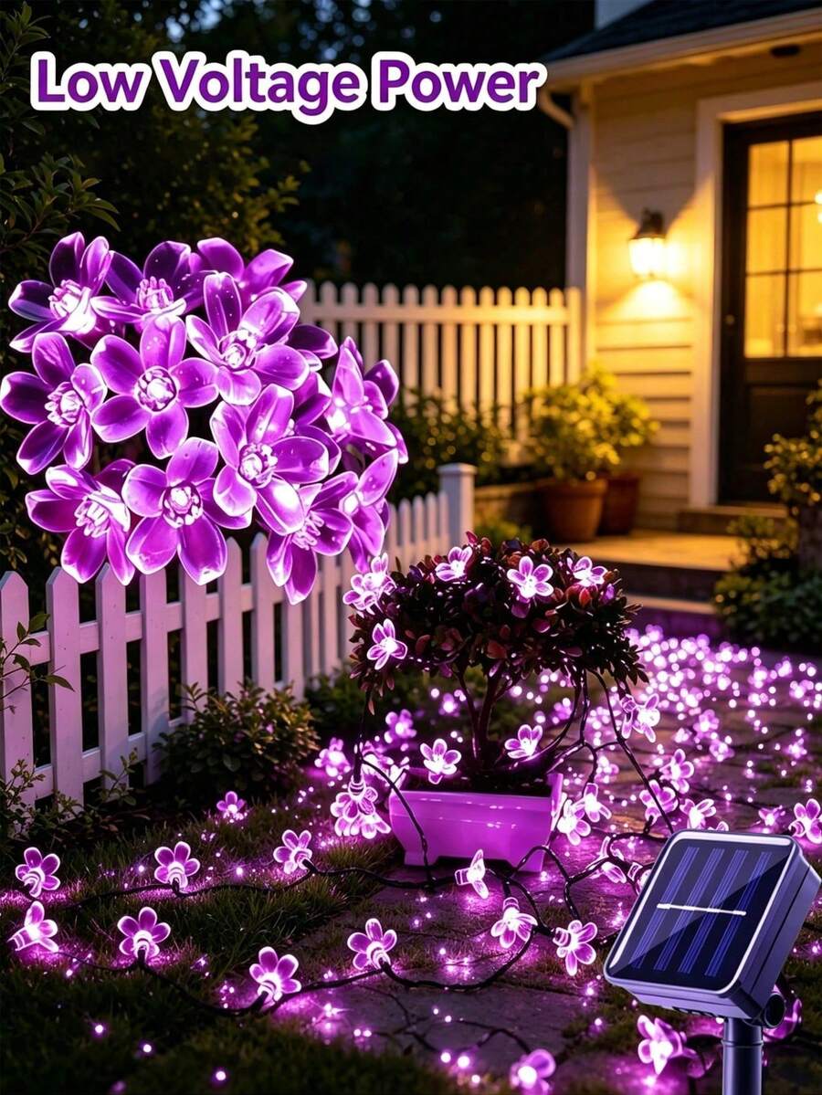 1pc Solar Powered Flower String Lights, Flower Fairy LED String Lights, Solar Flower Decor Lighting Suitable For Outdoor Home Garden Lawn Patio Christmas Tree Party And Holiday, Purple