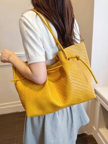 Premium Versatile Woven PU Material Women's Tote Bag, Summer Fashion Yellow Adjustable Shoulder Strap Shoulder Bag/Commuter Bag - Yellow - View 3