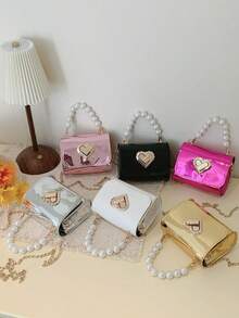 1pc Children's Pearl Handbag PU Leather Lightweight Twist Lock Girls Handbag Heart-Shaped Fashion Cute Shoulder Bag Suitable For All Seasons Daily Use - A - View 2