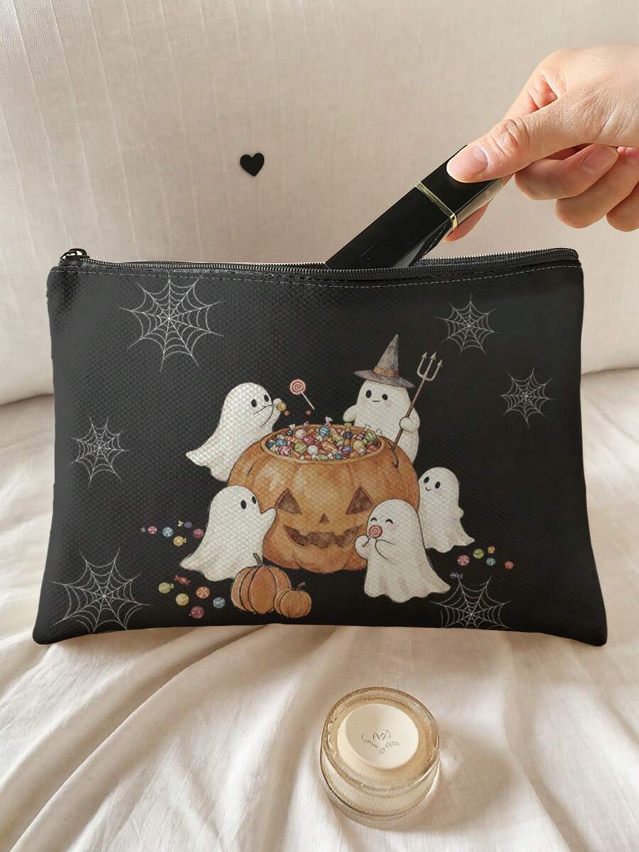 1pc, Makeup Bag, Multi-Scenario Universal, Extra Large Capacity, Ultra Lightweight And Portable, Versatile And Practical, Halloween Pattern Printed Toiletry Bag, Cosmetic Bag, Large Capacity Toiletry Bag, For Lipstick, Brushes, Skincare, Phone, Coins, Small Items, For Home, Gifts, Vacation And Holiday Multi-Functional Use, Teenager Toiletry Storage Bag - Multicolor - View 1