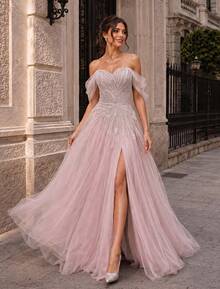 VIPGIRL New Elegant Off Shoulder Mesh Slit Luxury Evening Dress - Pink - View 4