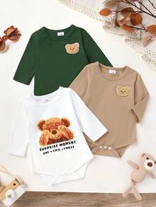 3pcs/Set, Baby Boy, Soft & Comfortable, Casual Fashion Cute, Cartoon Bear Patchwork Embroidery Print Pattern Solid Color Bodysuit, Baby Boy Clothing, Baby Supplies, Newborn Baby Boy Clothing, Baby Bodysuit, Baby, Suitable For Daily Wear, Vacation, Party, Outdoor Activities, Photography - Multicolor - View 1