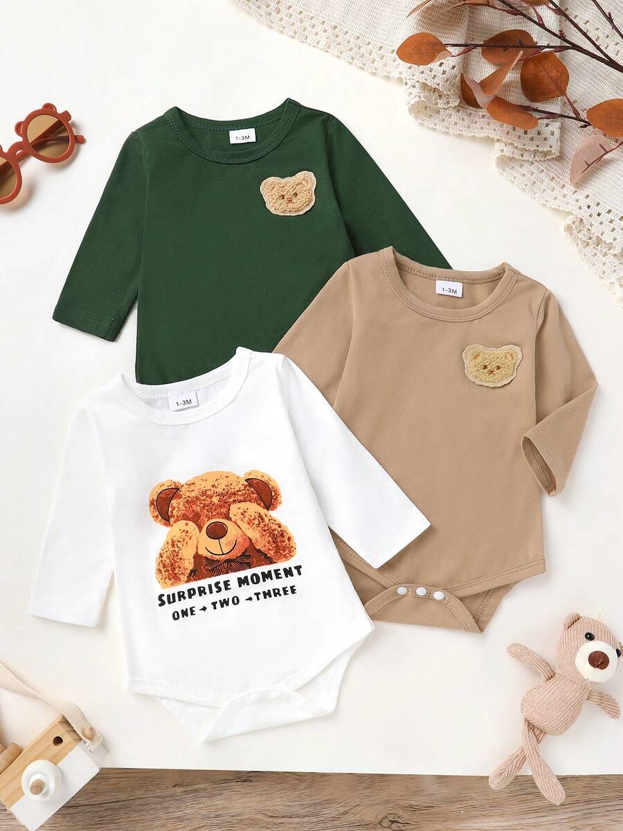 3pcs/Set, Baby Boy, Soft & Comfortable, Casual Fashion Cute, Cartoon Bear Patchwork Embroidery Print Pattern Solid Color Bodysuit, Baby Boy Clothing, Baby Supplies, Newborn Baby Boy Clothing, Baby Bodysuit, Baby, Suitable For Daily Wear, Vacation, Party, Outdoor Activities, Photography - Multicolor - View 1