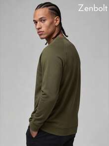 Zenbolt Men's Basic Crew Neck Sweatshirt, Raglan Sleeve Comfortable Skin-Friendly Pullover, Casual Long Sleeve Men's Top - Army Green - View 5