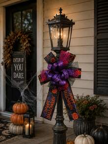 1 pieza Lazo de decoración de Halloween, estilo espeluznante, texto Feliz Halloween, lazo con estampado de telaraña, calabaza y sombrero de bruja, con capa de malla y purpurina, adecuado para coronas, puerta principal, paredes, ventanas, chimeneas, envolver regalos, decoración de fiestas, decoración de entrada de casa embrujada, decoración del hogar, decoración de la habitación - Multicolor - Ver 6