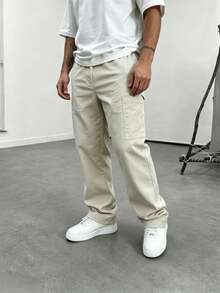 Men Off‑White Straight Leg Cargo Pants Multi‑Pocket Elastic Waist Solid Loose Retro Casual Trousers - Khaki - View 2