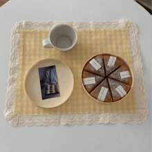 1/2/6件装韩式田园风柔和黄色格子蕾丝边餐垫，多用途餐桌装饰杯垫 - 彩色 - 查看 2