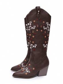 planare New Women's Popular Fashion Retro Western Style With Embroidered Floral Design Slip-On Pointed Toe Chunky Heel Brown Mid-Calf Boots - Brown - View 10