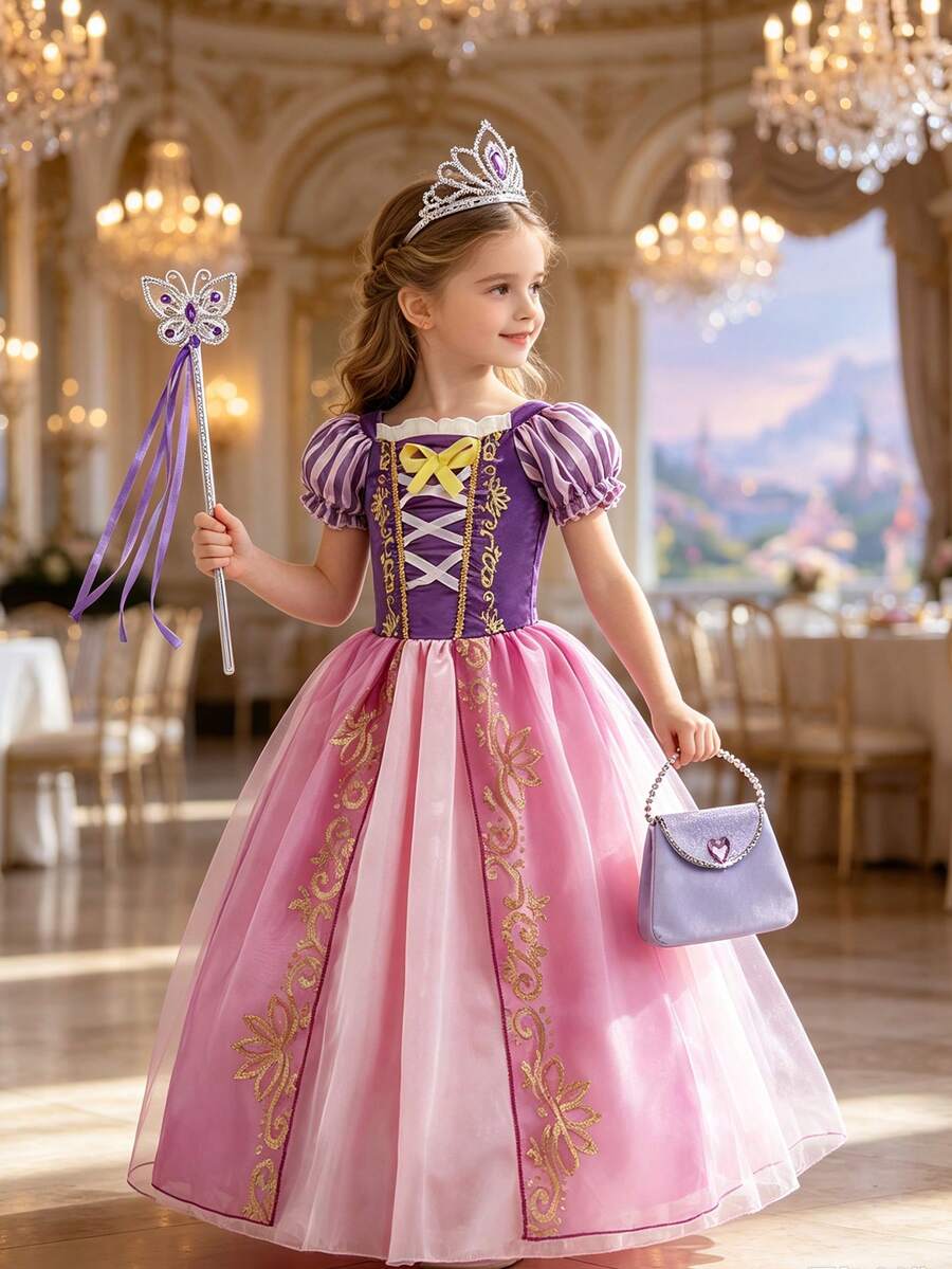 4pcs Girls Purple Floral Pattern Multi-Layer Tulle Skirt Short Sleeve Dress, Crown, Magic Wand, Handbag Set, Children's Role Play Costume Set For Christmas, Halloween, Party Dress-Up - Purple - View 1