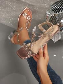 Women's Rhinestone Sandals 2026 Summer New Style Floral Crystal Transparent Chunky Heel Elegant Elegant Suitable For Photography And Dating High Heels - Khaki - View 1