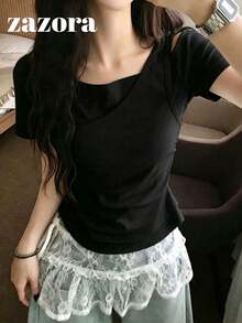 韓式女款夏季不對稱肩 2 合 1 修身百搭拼接短袖 T 恤，黑色休閒 - 黑色 - 查看 3