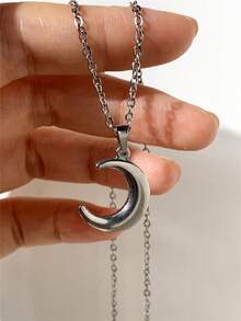 1pc Silver Stainless Steel Moon Pendant Necklace, Suitable For Daily Wear, Unisex Necklace, Minimalist Fashion, Unique Design, Hip Hop Punk Geometric Collarbone Chain, Fade-Resistant - Silver Moon - View 6