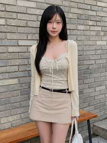 Floral Lace Trim Camisole & Cardigan 2 Pieces Set - Apricot - View 1