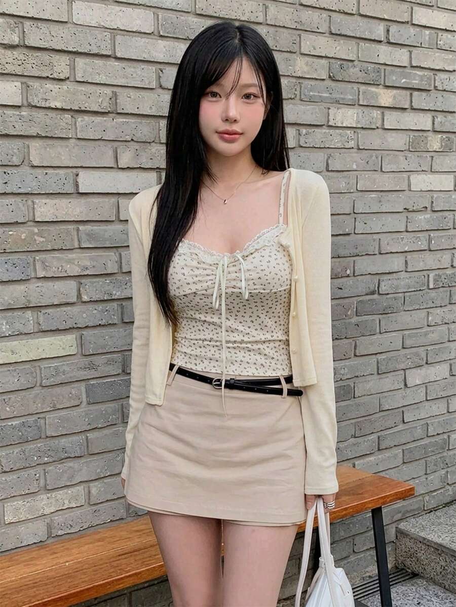 Floral Lace Trim Camisole & Cardigan 2 Pieces Set - Apricot - View 1