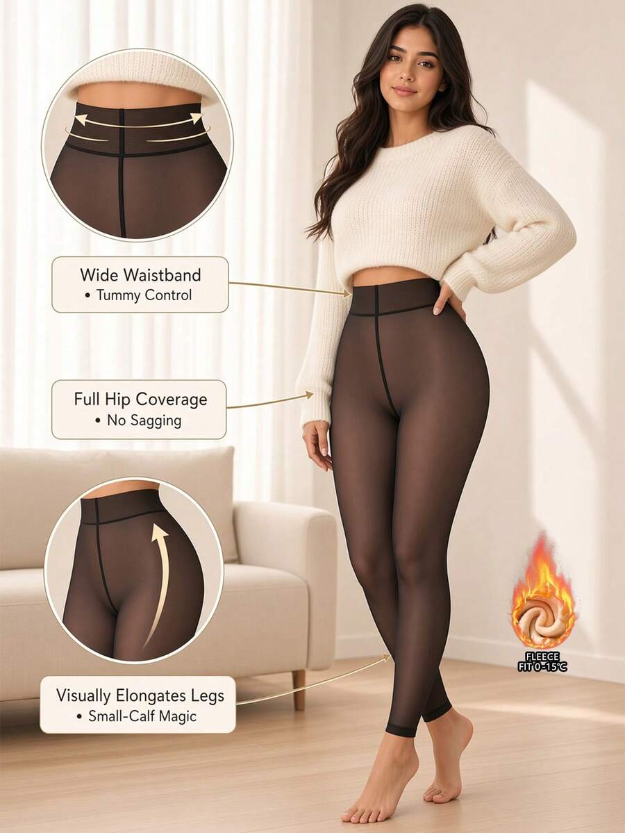 1-Line Crotch 200G Autumn/Winter Sheer Black Thermal Lined Thick Tights, Coffee Color, Daily Casual, Halloween, Christmas Gift - Black - View 1