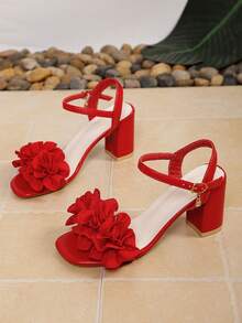 2026 New 3D Large Flower One-Strap Chunky Heel Sandals For Women, White Square Toe Open Toe Buckle High Heels, Wedding Bridesmaid Gentle Style Party Shoes - Red - View 14