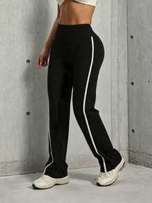 Hidkat Women's Fashion Solid Color High Waist Slim Fit Yoga Casual Sports Knit Flare Pants - Black - View 3