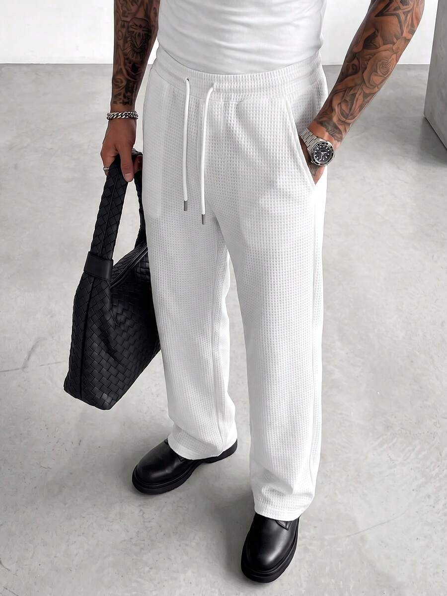 White Waffle Knit Wide Leg Sweatpants For Men, Textured Metal Drawstring Straight Leg Casual Long Pants - White - View 1