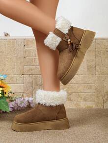 1 Pair Women's Round Toe Winter Ankle Boots, Camel Tassel Bead Decor Platform Boots - Camel - View 3