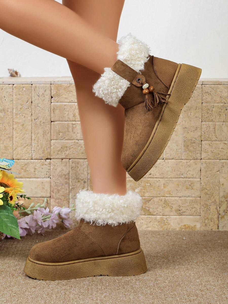 1 Pair Women's Round Toe Winter Ankle Boots, Camel Color Tassel & Bead Decor Thick Sole Boots - Camel - View 1