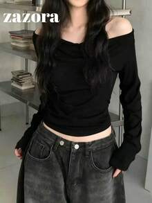 Korean Style Slimming Cold Shoulder Versatile Long Sleeve T-Shirt Top Autumn Clothing - Black - View 11