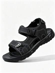 1 Pair Black Classic Solid Color Beach Sandals With Hook-And-Loop Buckle Dual Adjustable Design, Breathable Comfortable Casual Versatile - Black - View 12