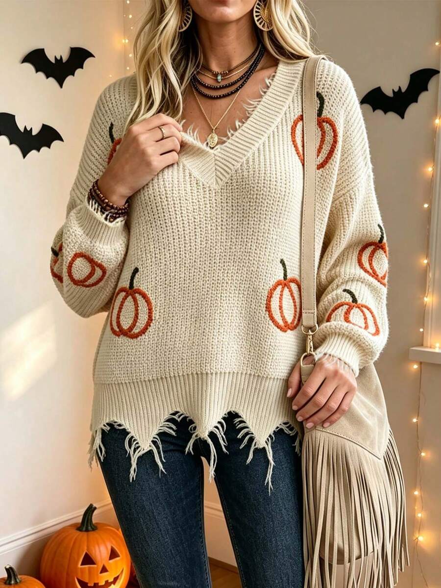 Sweater Rajut Lengan Panjang Model V-Neck Motif Halloween Ukuran Besar dengan Rumbai - Aprikot - View 1