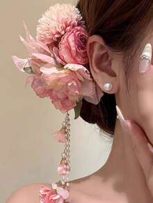 1pc Pink Tassel Flower Hair Clip, Fairy Style Side Hair Pin For Women Cheongsam, Beach Hair Accessory Bun Holder - Pink - View 5