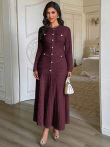 Unadoll Women's Autumn Burgundy Tweed Mid-Length Dress, Long Sleeve Front Button Fishtail Knit Skirt, Elegant Summer Style - Burgundy - View 8