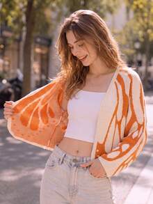 Women's Butterfly Knit Cardigan Sweater, Colorblock Pattern Buttonless Casual Autumn/Winter Top - Orange Apricot - View 11