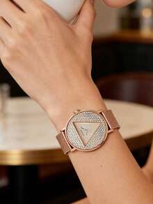 GUESS Women's Quartz Watch With Full Rhinestone Triangular Dial, Rose Gold Milanese Mesh Band, Luxury Party Wristwatch - one-size - View 2
