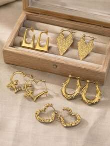 6 Pairs Gold Stainless Steel Earrings Set For Women, Heart Bee Geometric Hoop Statement Earrings, Vintage Boho Jewelry For Daily Wear Party Gift - Gold - View 4