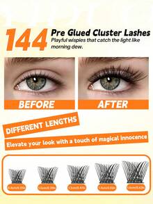 YIDUO Pre-Glued Cluster Lashes For Adults - Self-Adhesive Natural Cosmetic Eyelash Extensions, The Set Includes Exclusive Non-Stick Tweezers Fishtail/C Curl, 8-14mm Mixed Length, Beginner-Friendly, Lightweight Wispy Cat Eye Look, Long-Lasting - C - View 2