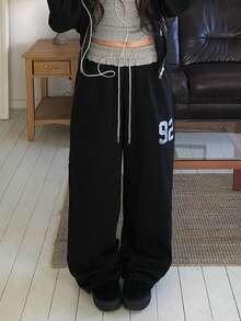 Vintage Digital Print Drawstring Waist Distressed Sweatpants - Black - View 1