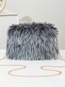 Furry Bag With Metal Chain, Women's Fashion Personalized Minimalist Versatile Shoulder Bag, Suitable For Daily Shopping, Dating, Music Festivals - Black and White - View 1