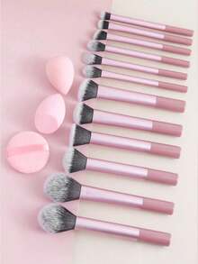 Multifunctional Makeup Brush Set, Includes Powder Brush, Blush Brush, Foundation Brush, Eyeshadow Brush, Blending Brush, Contour Brush, And Random 2 Pieces Of Slanted Edge Makeup Sponge, Round Head Makeup Sponge And White Powder Puff - Pink - View 2
