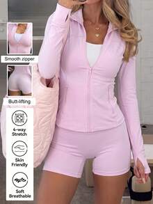 NOIRLYN Women's Autumn/Winter 2 Pieces Sports Yoga Fitness Set, Stand Collar Zipper Long Sleeve Jacket And High Waist Tight Shorts, Suitable For Gym Training - Pink - View 4