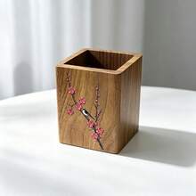 Tempat Pena Persegi dari Kayu Jati, Ember Pena Meja dengan Motif Bunga Klasik, Kotak Penyimpanan Meja Multifungsi, Cocok untuk Rumah, Kantor, Penyimpanan Alat Tulis dan Dekorasi - A - View 3